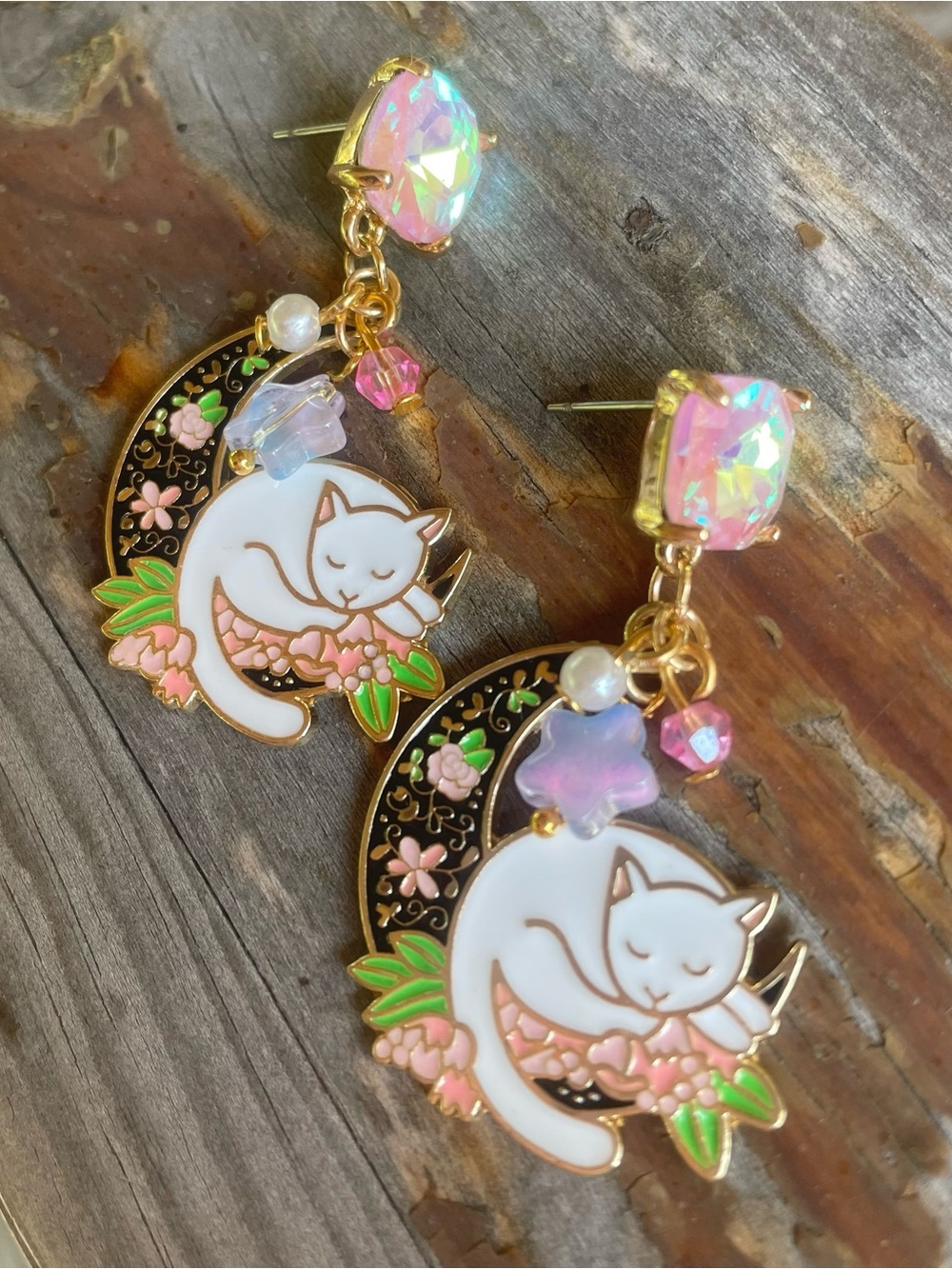 Hand Crafted Gold-Tone Cat Crescent Moon Earrings with Pink and Green Accents